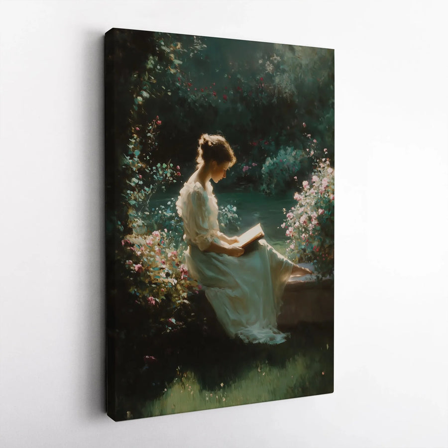 Romantic Reading Canvas Print | Victorian Woman in Garden Painting | Premium Gallery Wrap Canvas | Light Academia Decor Gift for Book Lovers