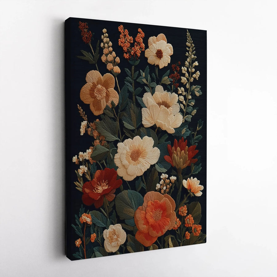 Floral Embroidery Wall Art | Moody Botanical Canvas Print | Premium Gallery Wrapped Decor | Dark Aesthetic Home Gift for Her
