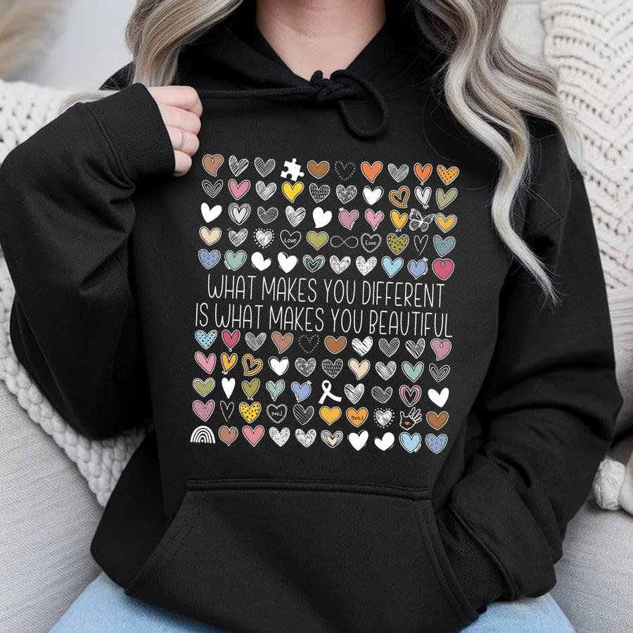 Autism Awareness Hoodie | What Makes You Different Is Beautiful Quote | Soft Cotton Tee | Gift for Inclusion Advocates & Teachers