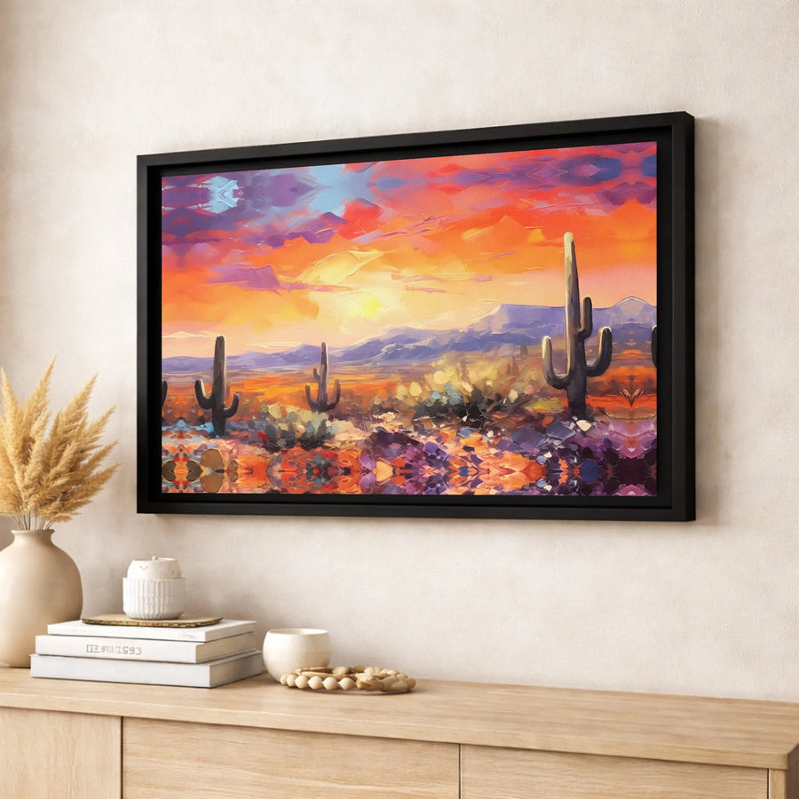Desert Sunset Canvas Wall Art | Vibrant Saguaro Cactus Landscape | Premium Gallery-Wrapped Print | Southwest Home Decor Gift