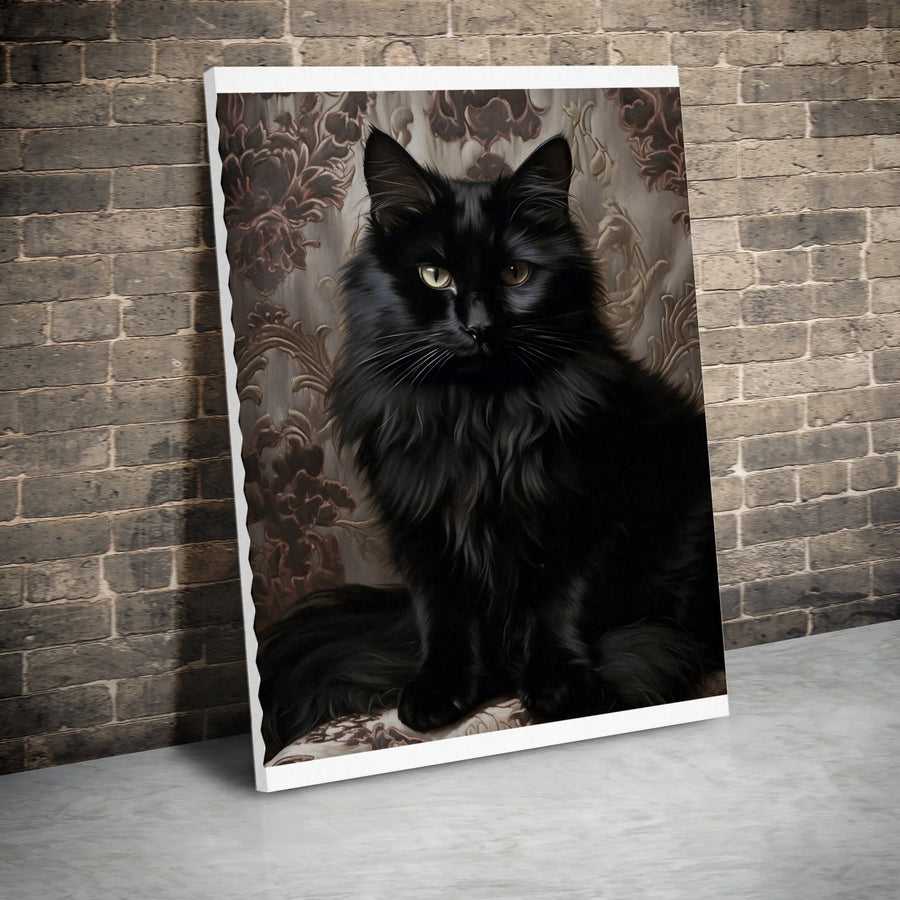 Black Cat Wall Art Print | Elegant Victorian Damask Portrait | Premium Gallery-Wrapped Canvas | Sophisticated Gift for Cat Lovers
