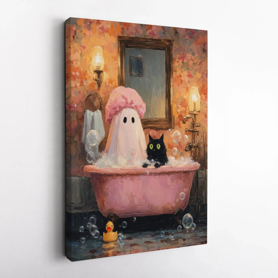 Ghost In Bathtub Canvas Art | Whimsical Black Cat Bubble Bath Print | 1.25" Gallery Wrap Premium Decor | Spooky Cute Halloween Wall Art Gift