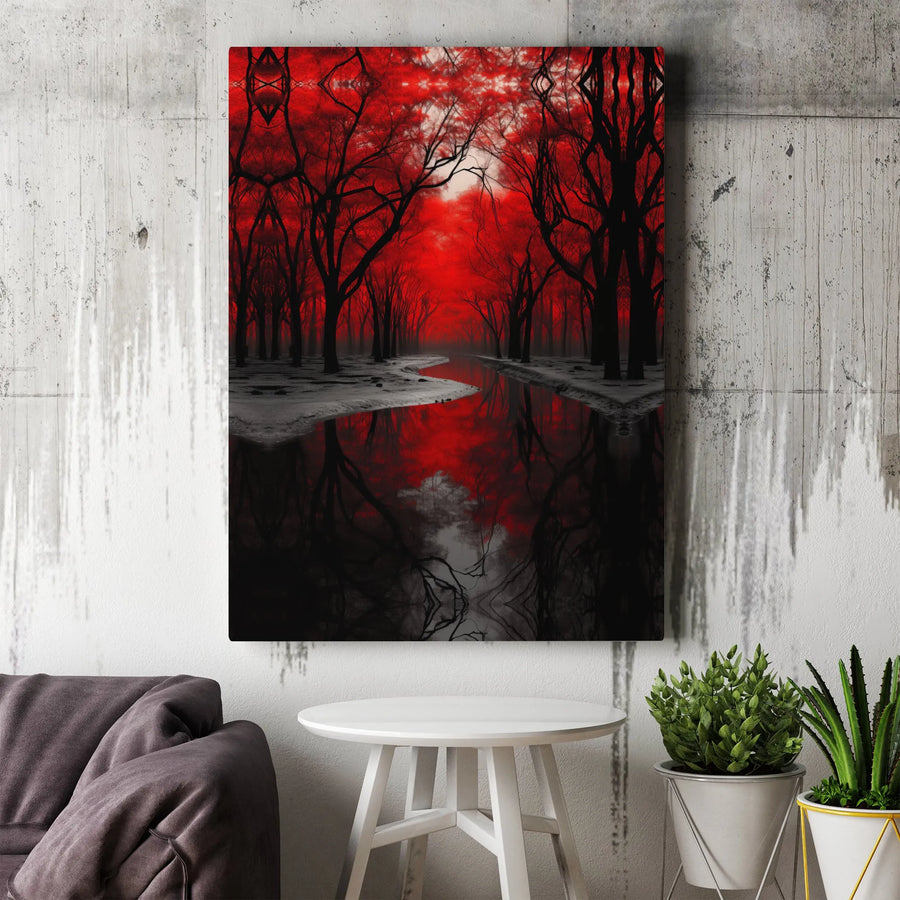 Red Forest River Canvas Wall Art | Surreal Gothic Nature Landscape | Premium Gallery-Wrapped Print | Moody Modern Home Decor Statement Piece