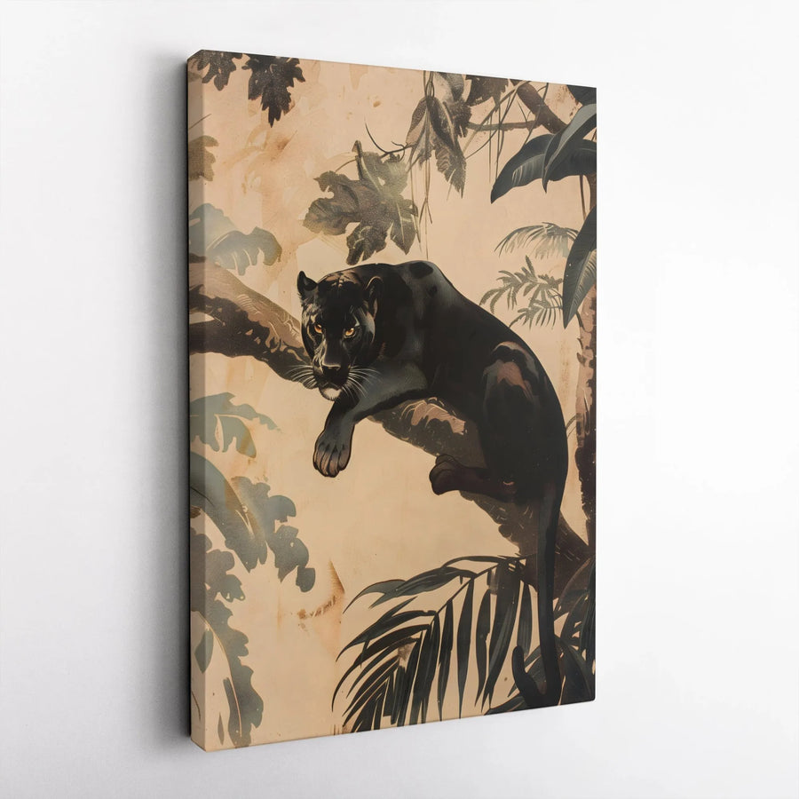 Black Panther Jungle Wall Art | Vintage Tropical Wildlife Canvas Print | 1.25 Inch Gallery Wrap | Exotic Animal Decor for Living Room