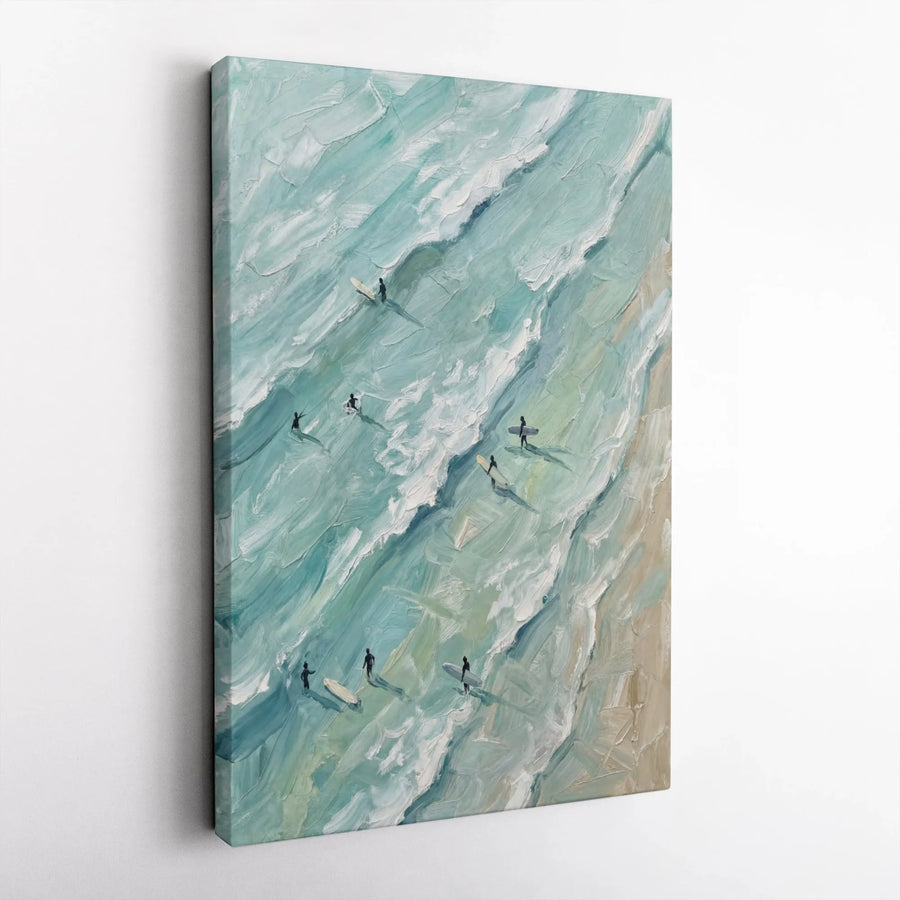Aerial Beach Scene Vertical Canvas | Impressionist Surfer Painting Print | Premium Frameless Wall Art | Modern Coastal Home Decor Gift for Ocean Lover