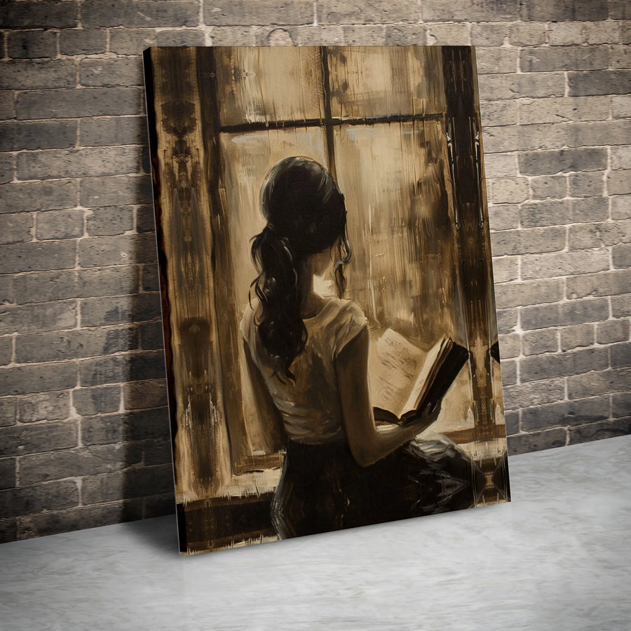 Woman Reading Book Canvas Wall Art | Sepia Tone Window Portrait | Premium Gallery Wrap Print | Aesthetic Home Decor Gift for Book Lovers