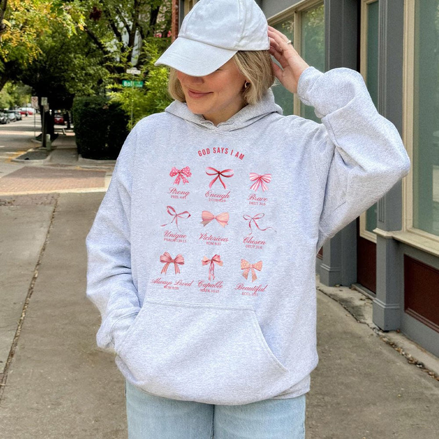 God Says I Am Hoodie | Christian Coquette Bow Aesthetic | Premium Cotton-Poly Blend | Inspirational Bible Verse Gift For Women