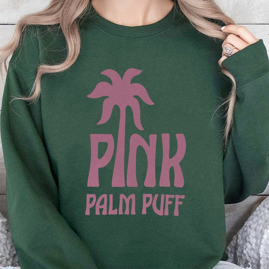 Pink Palm Puff Sweatshirt | Retro Tropical Graphic | Premium Cotton Blend | Aesthetic Unisex Streetwear Gift