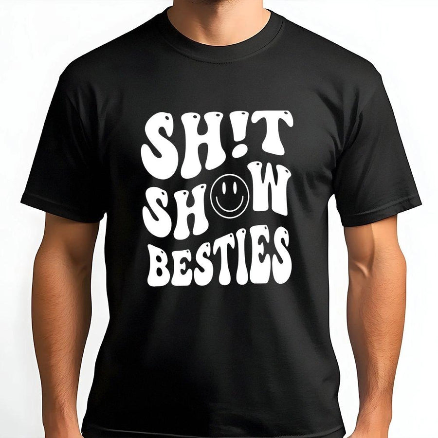 Shit Show Besties T-Shirt | Retro Wavy Typography Graphic | Premium Soft Cotton Tee | Funny Gift For Best Friends & Matching Sister Outfits
