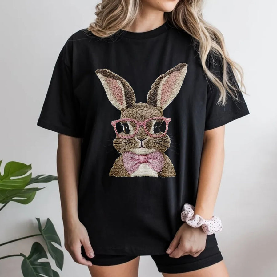 Easter Bunny T-Shirt | Cute Rabbit with Pink Glasses and Bow Tie | Soft Cotton Graphic Tee | Premium Spring Holiday Gift for Women