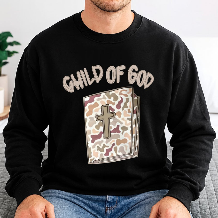 Child Of God Sweatshirt | Camo Bible Graphic Cross Design | Premium Cotton Blend | Christian Apparel Gift for Women and Men