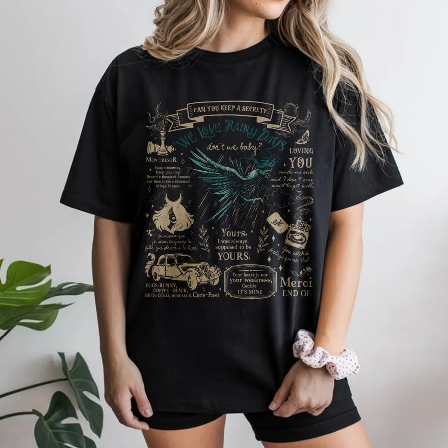 Rainy Days Raven T-Shirt | Gothic Romantic Book Quote Graphic Tee | 100% Premium Cotton | Gift for Book Lovers and Dark Academia Aesthetic Fans