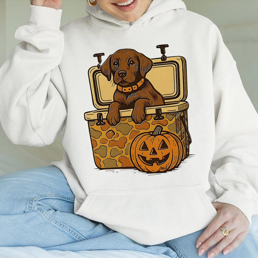 Chocolate Labrador Halloween Hoodie | Dog in Camo Cooler Graphic | Premium Cotton Blend | Funny Fall Pumpkin Gift for Dog Lovers