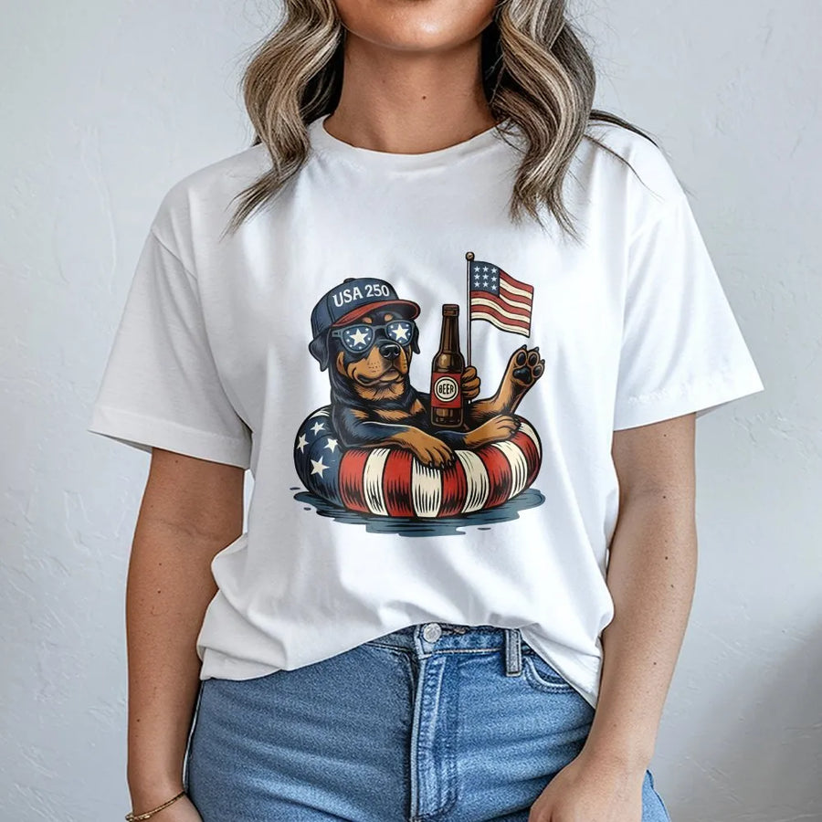 Patriotic Rottweiler T-Shirt | Funny USA 250th Anniversary Dog Graphic | Premium Cotton Tee | Fourth of July Gift for Men