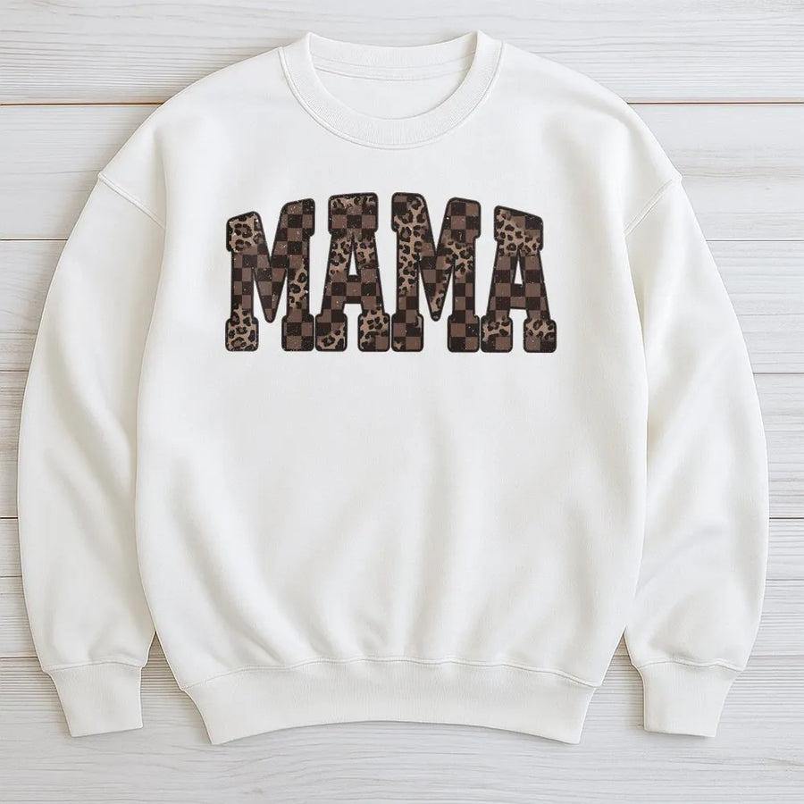 Retro Mama Sweatshirt | Leopard & Checkerboard Graphic Print | Soft Cotton Blend Pullover | Mothers Day Gift for Mom
