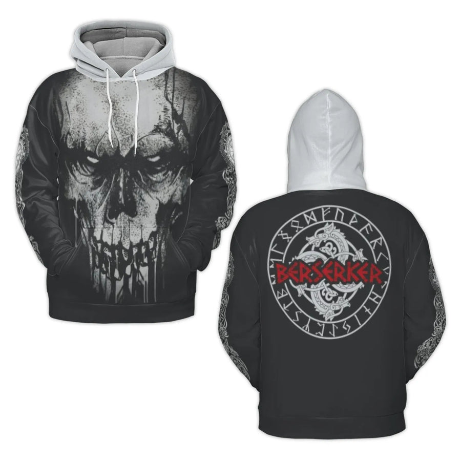 Viking Berserker Hoodie | Skull And Dragon Runes 3D Graphic Print | Premium Polyester Fleece Lining | Unisex Norse Mythology Gift for Him