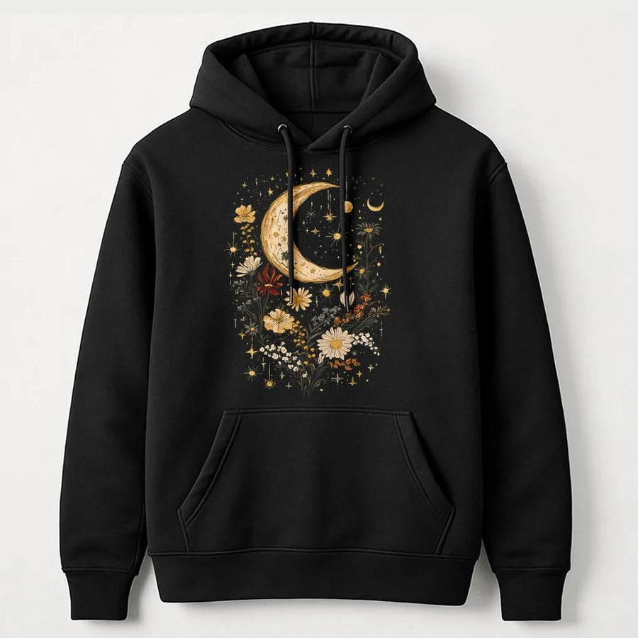 Vintage Moon Wildflower Hoodie | Celestial Botanical Graphic Sweatshirt | Premium Cotton-Blend Pullover | Cottagecore Aesthetic Gift