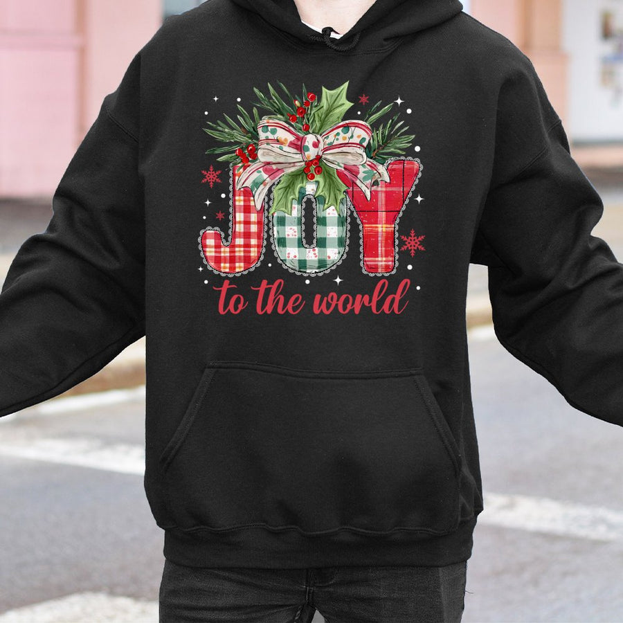 Joy To The World Christmas Hoodie | Festive Buffalo Plaid Typography Design | Soft Cotton-Poly Blend | Premium Christian Holiday Gift for Women