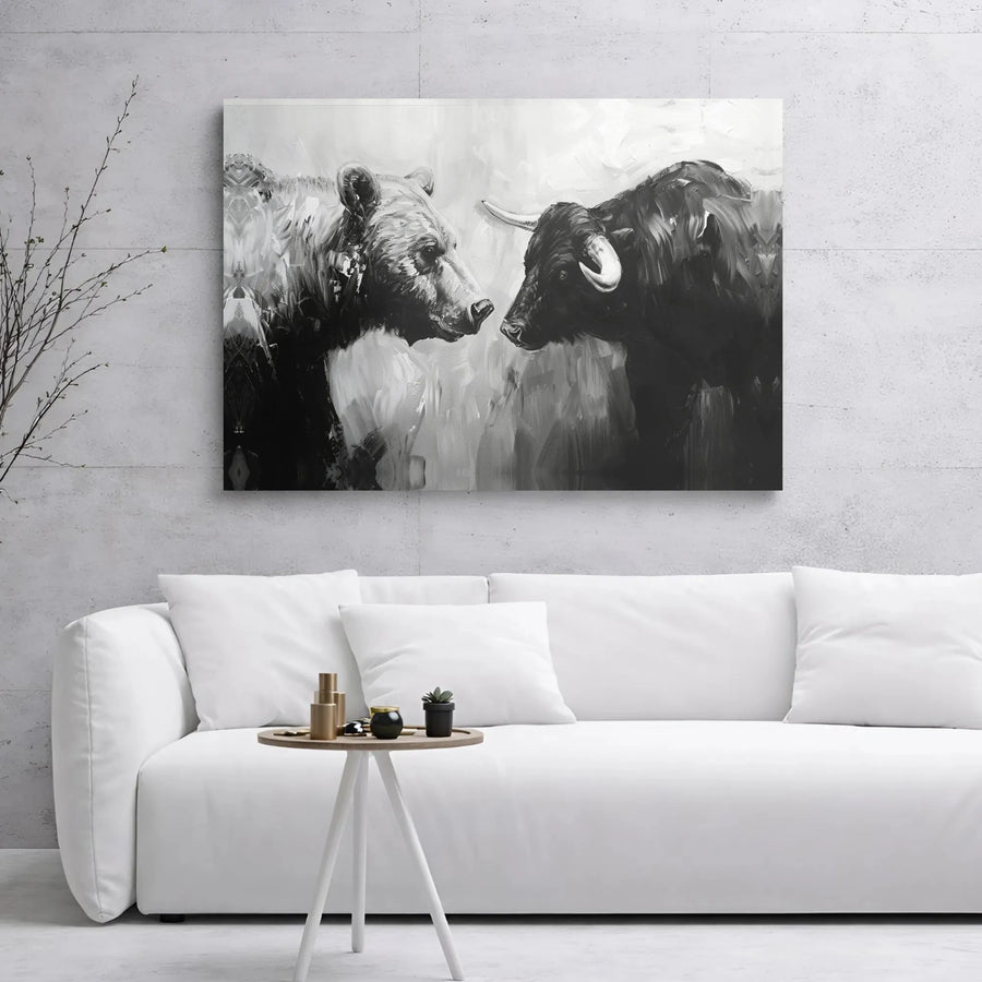 Bull vs Bear Stock Market Canvas Art | Black and White Wall Decor | Premium Gallery Wrap Print | Financial Office Trading Wall Art