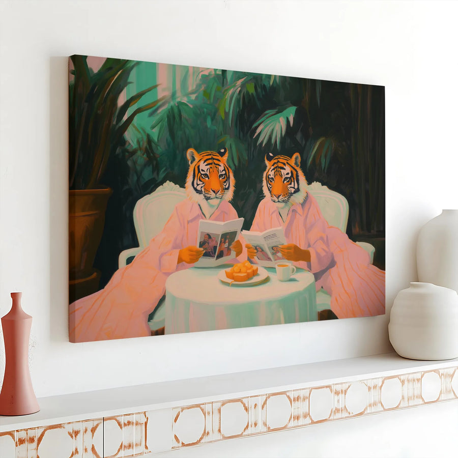 Tiger Couple Canvas Print | Whimsical Tigers in Pajamas Art | Premium Gallery Wrap | Eclectic Home Decor Gift