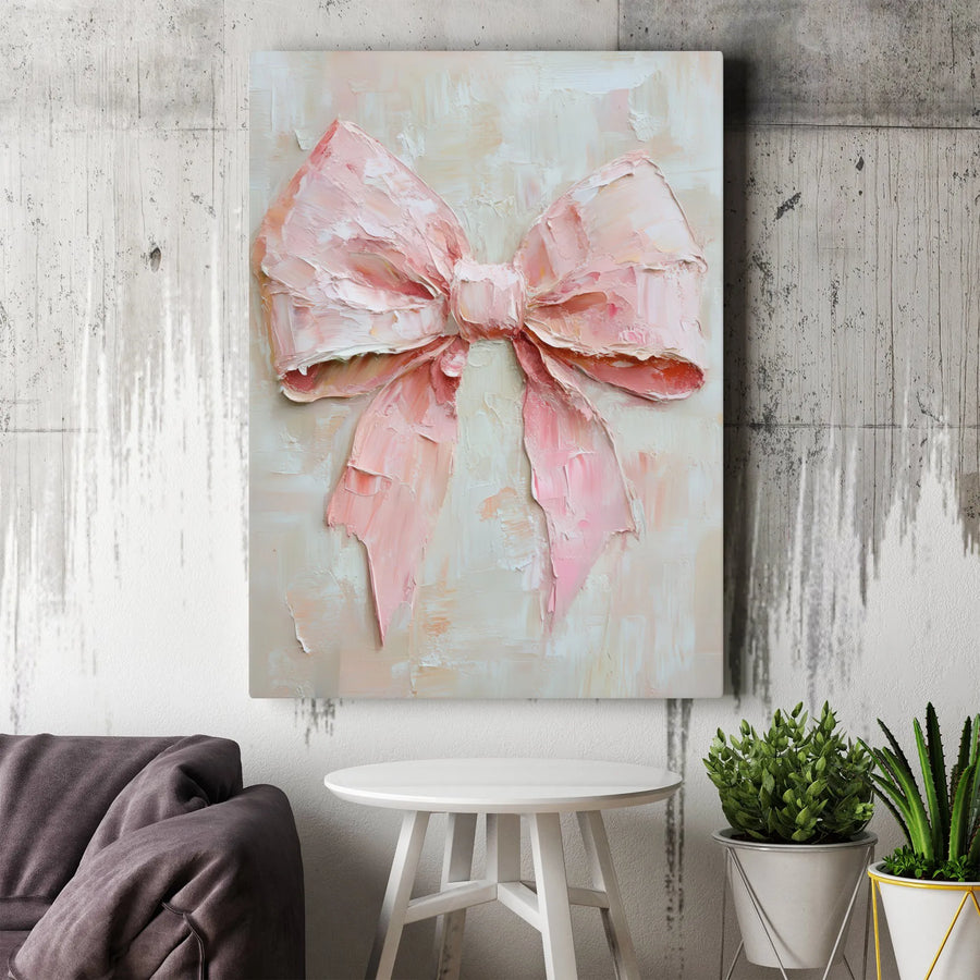 Pink Bow Impasto Canvas Wall Art | Textured Aesthetic Painting | Premium Fade-Resistant Gallery Print | Elegant Feminine Home Decor