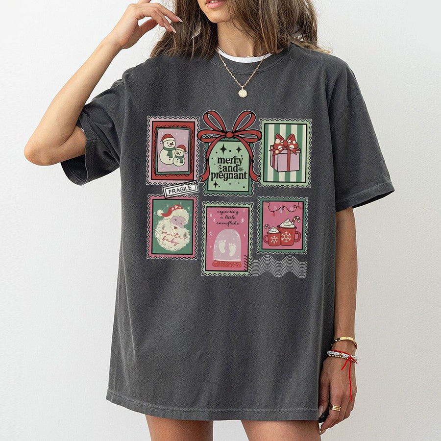 Merry and Pregnant Christmas T-Shirt | Vintage Holiday Stamp Graphic | 100% Premium Cotton | Cute Pregnancy Announcement Gift for Expecting Mom