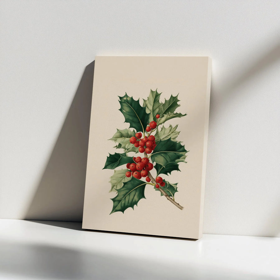 Vintage Holly Berry Vertical Canvas | Botanical Illustration Wall Art | Premium High-Resolution Print | Seasonal Holiday Home Decor Gift