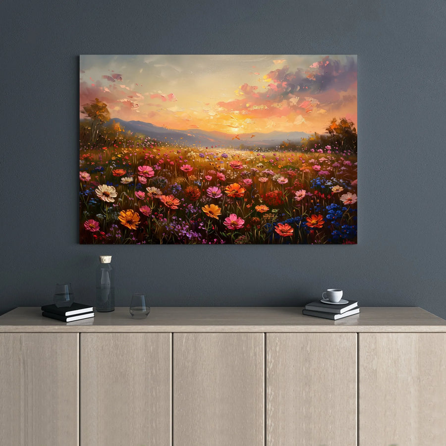 Wildflower Field Canvas Art | Impressionist Sunset Landscape | Premium 1.25-inch Gallery Wrap | Home Office Wall Decor Gift