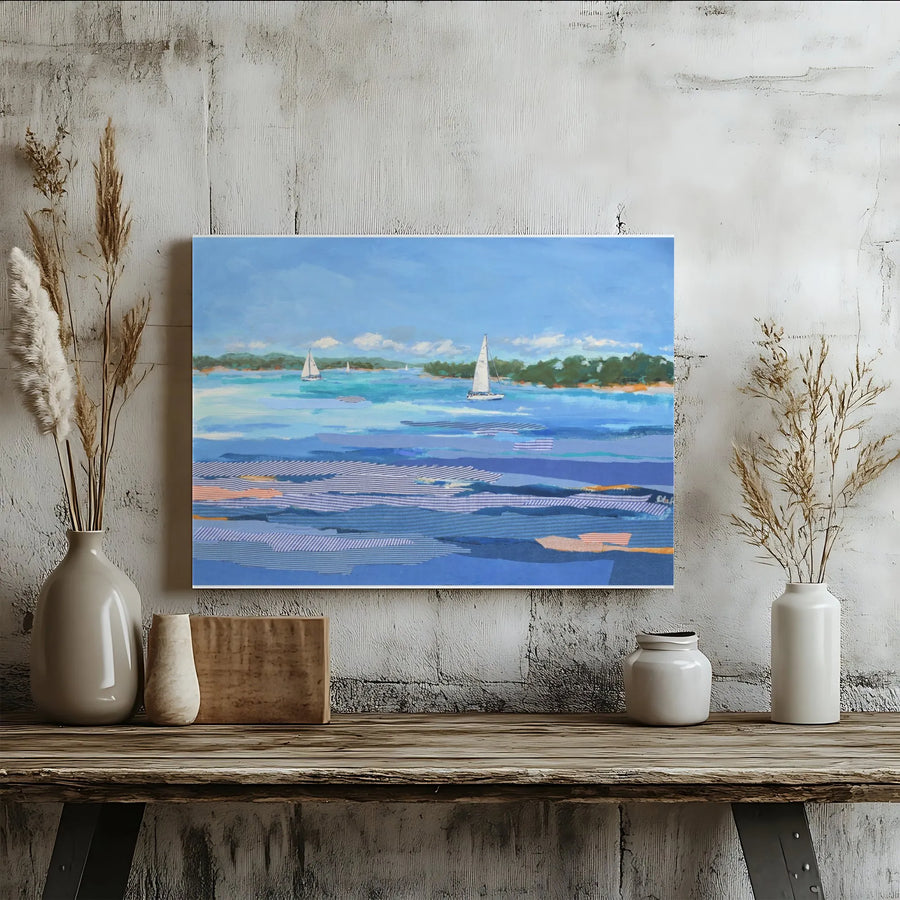 Coastal Sailboat Canvas Print | Modern Abstract Seascape with Striped Water Detail | Premium Gallery Wrapped Art | Nautical Wall Decor for Living Room