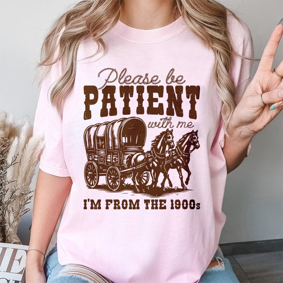 Please Be Patient I'm From The 1900s T-Shirt | Funny Vintage Wagon Graphic | Premium 100% Cotton Tee | Retro Birthday Gift For Grandparents