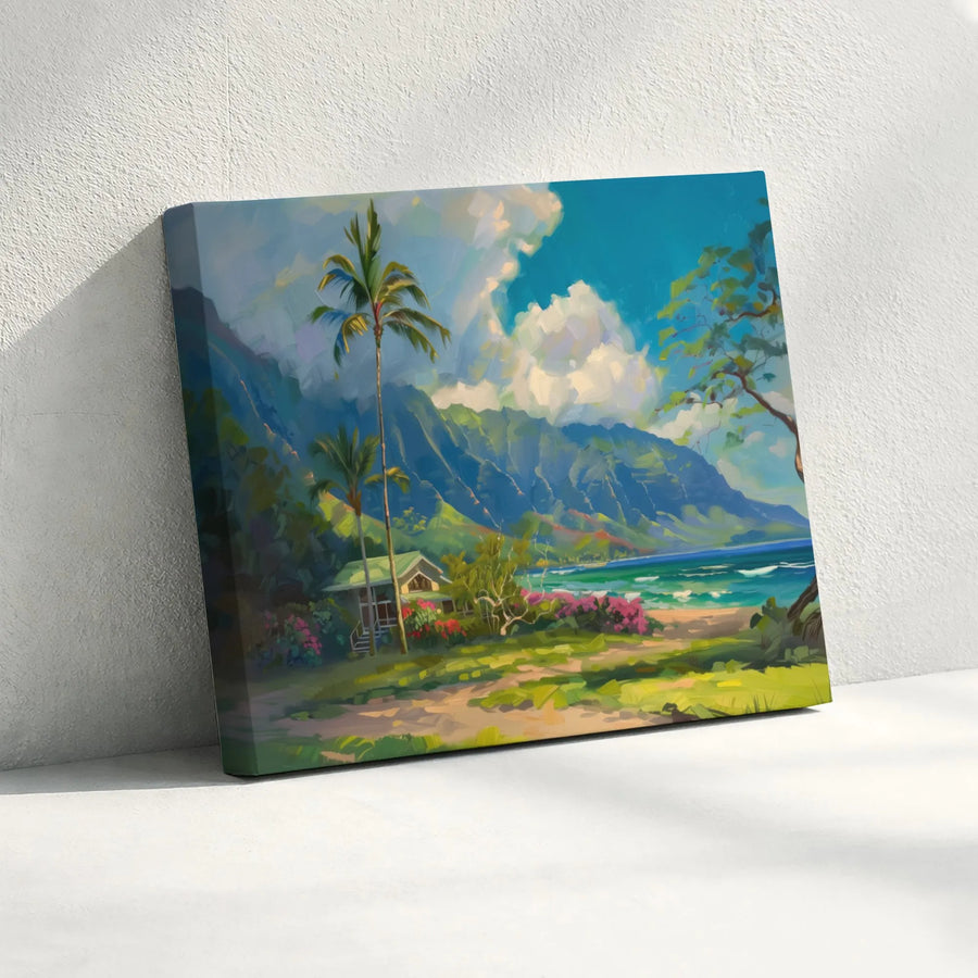 Tropical Beach House Canvas Wall Art | Hawaiian Mountains Landscape | Premium Gallery Wrapped Print | Coastal Home Decor Gift