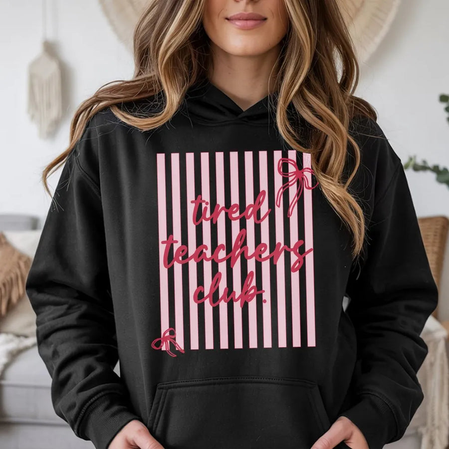 Tired Teachers Club Hoodie | Retro Striped Preppy Graphic | Soft Cotton Blend Sweatshirt | Funny Appreciation Gift for Teachers