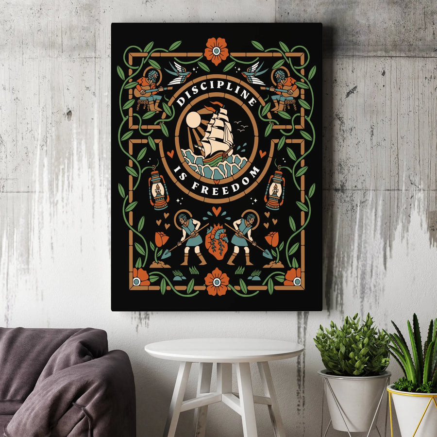 Discipline Is Freedom Wall Art | Traditional Tattoo Style Sailing Ship Canvas | Premium Fade-Resistant Print | Motivational Home Office Decor