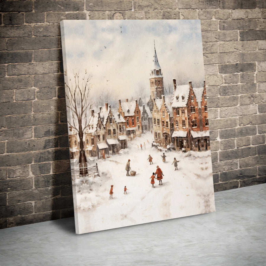 Winter Village Canvas Wall Art | Snowy European Town Watercolor Print | Gallery Wrapped Premium Decor | Cozy Holiday Home Gift
