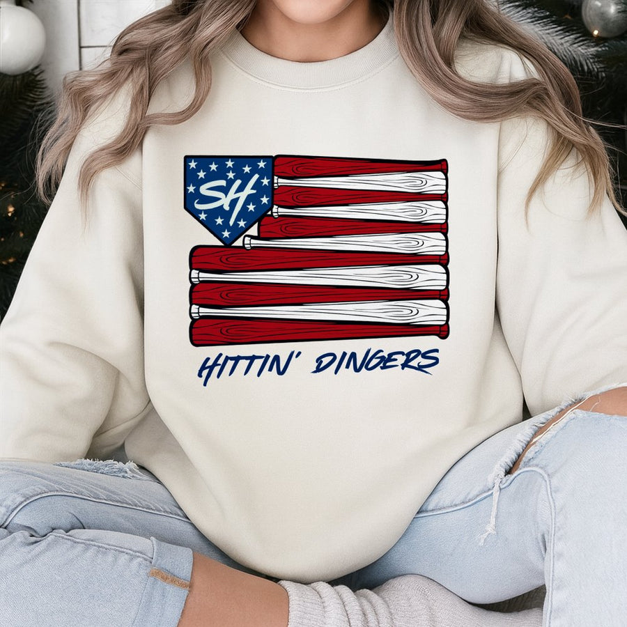 Hittin' Dingers Baseball Sweatshirt | American Flag Bat Design | Premium Cotton Blend | Gift for Baseball Players and Softball Fans