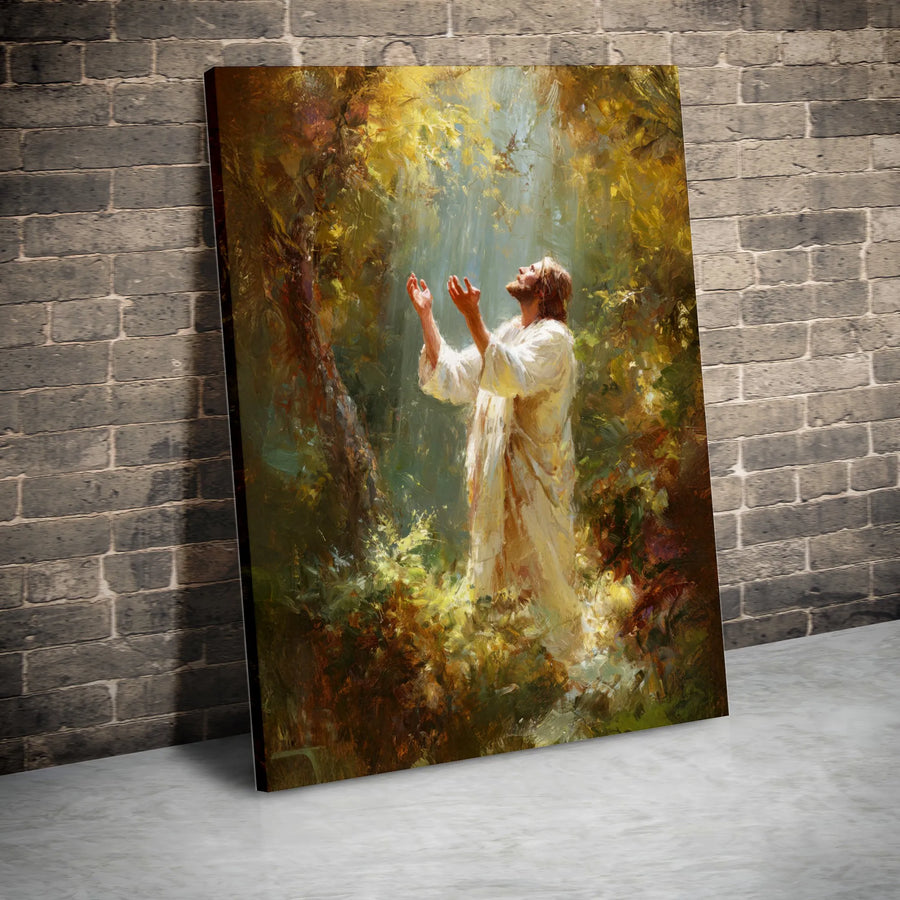 Jesus Praying in Forest Canvas | Christian Religious Wall Art | Premium Gallery-Wrapped Print | Spiritual Home Decor Gift