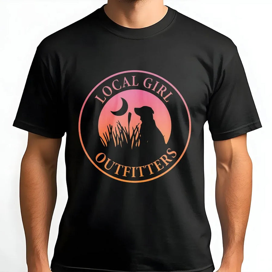 Local Girl Outfitters T-Shirt | Boho Dog and Moon Nature Graphic | Premium Soft Cotton | Casual Gift for Dog Lovers and Outdoor Enthusiasts