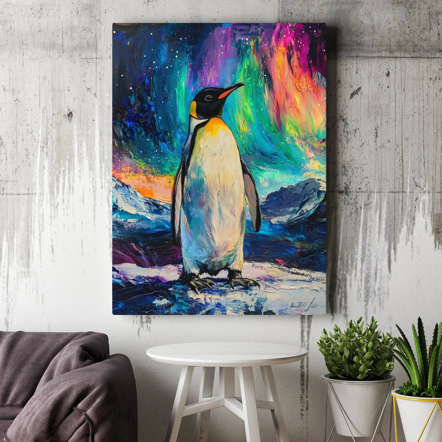 Emperor Penguin Wall Art | Aurora Borealis Northern Lights Canvas | Thick Gallery Wrap Print | Modern Nature Animal Decor Gift