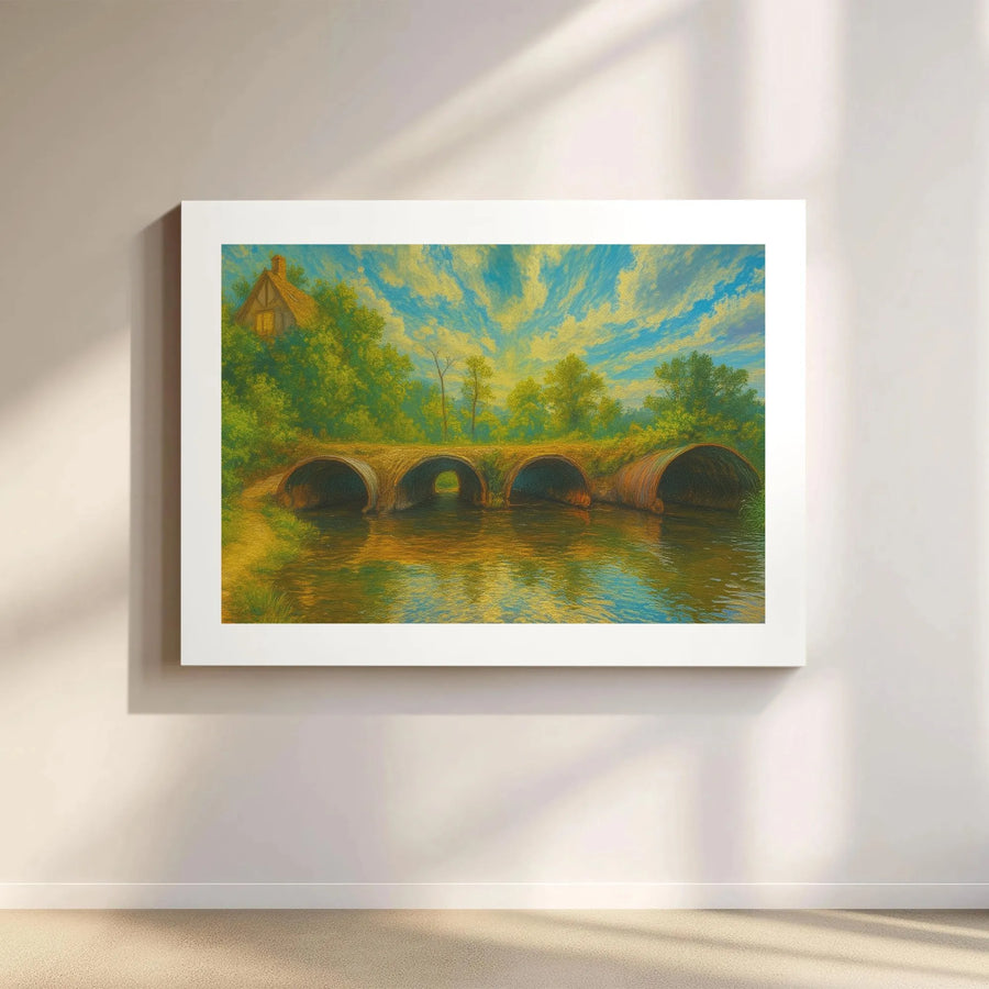 Landscape Canvas Wall Art | Impressionist River Cottage Bridge Print | Gallery Wrap Premium Decor | Ready To Hang Nature Artwork For Home