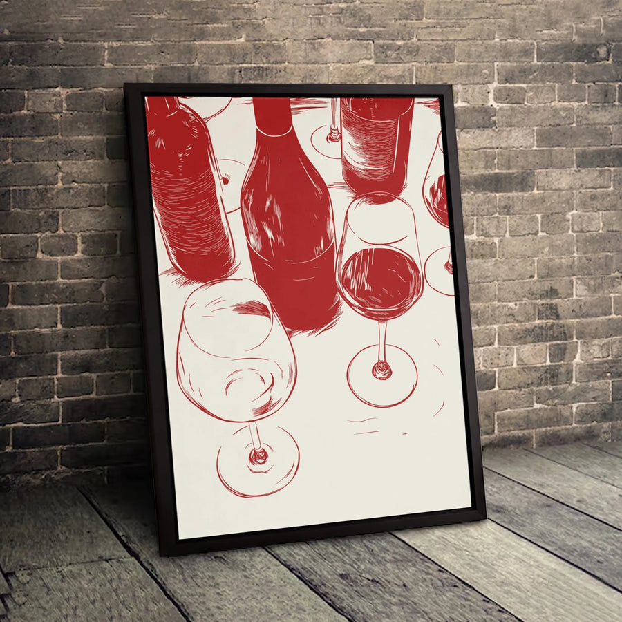 Wine Wall Art Canvas | Minimalist Red Sketch Illustration | Gallery-Quality 1.25-Inch Profile | Home Decor Gift for Wine Lovers
