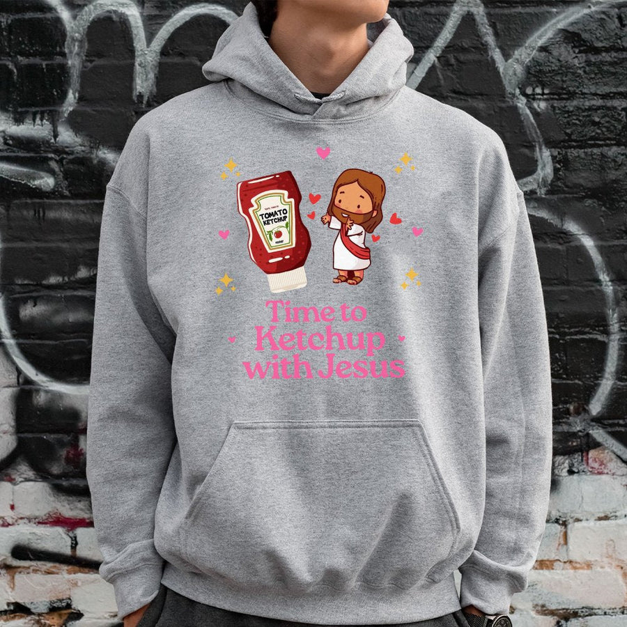 Time To Ketchup With Jesus Hoodie | Cute Religious Pun Graphic | Premium Cotton-Blend Pullover | Faith-Based Christian Gift For Men And Women