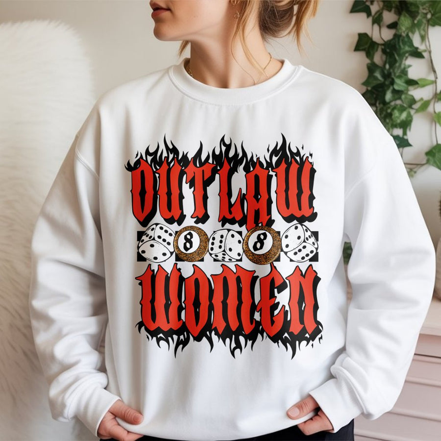 Outlaw Women Sweatshirt | Western Dice and Flame Graphic | Premium Cotton Blend | Cowgirl Aesthetic Western Gift for Women