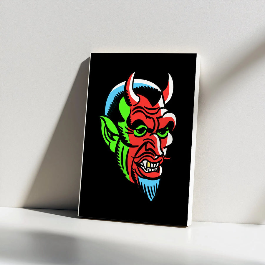 Devil Head Vertical Canvas | Bold Pop Art Demon Illustration | Premium Thick Gallery Wrap Print | Modern Goth Home Decor Gift