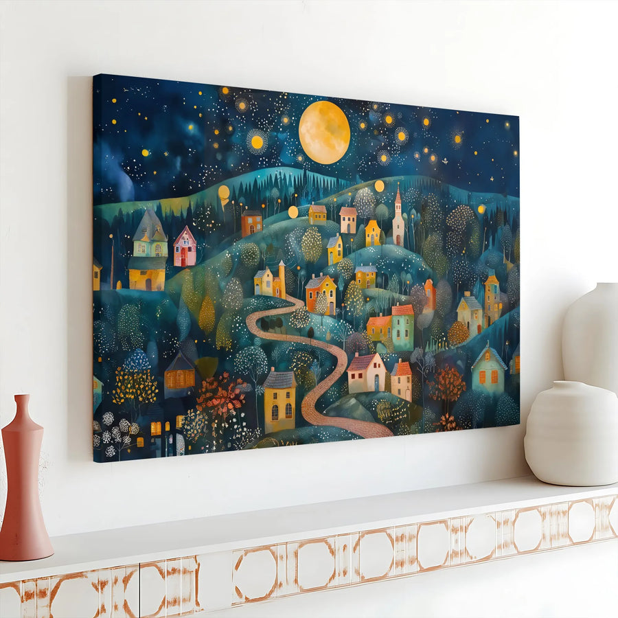 Whimsical Village Canvas Print | Starry Night Sky and Full Moon Art | Premium Gallery Wrap Decor | Enchanting Landscape Wall Art for Home