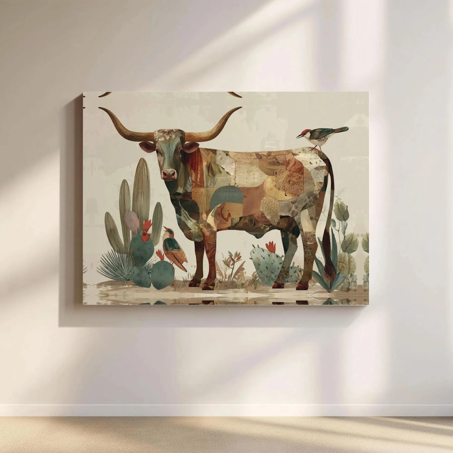 Texas Longhorn Canvas Wall Art | Southwestern Desert Patchwork Design | Premium 1.25-Inch Gallery Wrap | Western Home Decor Gift