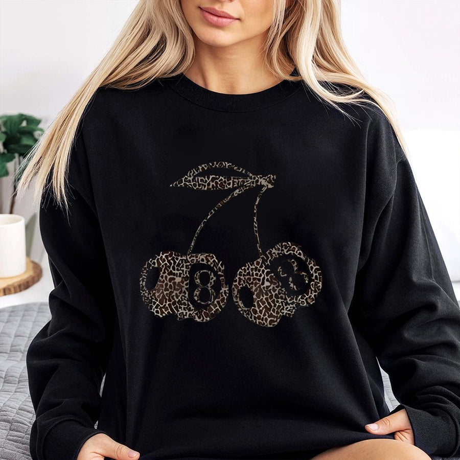 Leopard Print 8 Ball Cherry Sweatshirt | Trendy Retro Graphic Crewneck | Premium Cotton Blend | Aesthetic Y2K Gift for Women
