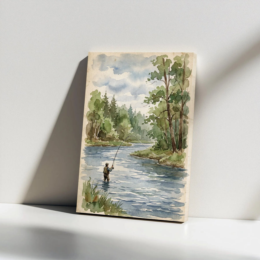 Fly Fishing Wall Art | Watercolor Forest River Landscape | Premium Gallery Wrapped Canvas | Gift for Fisherman & Outdoorsman Decor