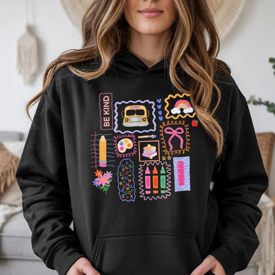 Teacher Hoodie | Colorful School Doodles Graphic | Soft Cotton Tee | Preppy Back to School Gift for Her