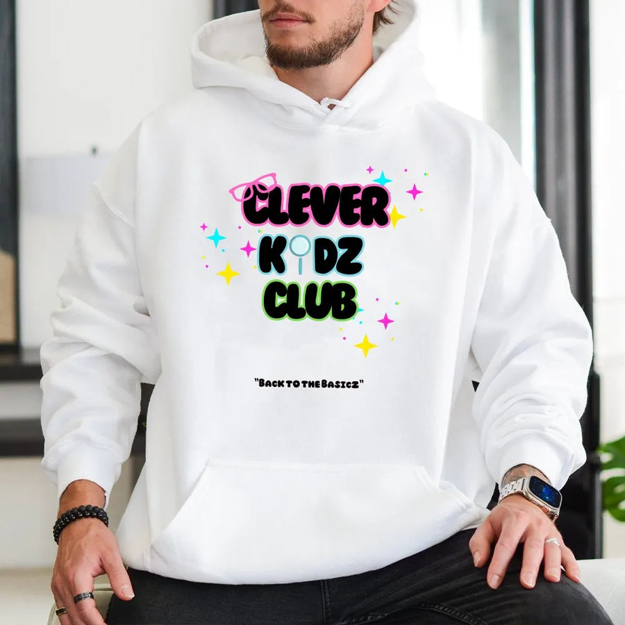 Clever Kidz Club Hoodie | Retro 90s Graphic Pullover | Soft Cotton Blend | Unisex Gift for Teachers & 90s Fans