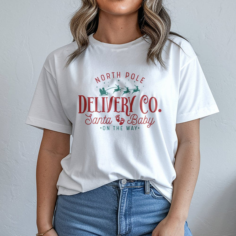 North Pole Delivery Co. T-Shirt | Santa Baby Pregnancy Announcement | Soft Cotton Christmas Tee | Expecting Parents Holiday Gift